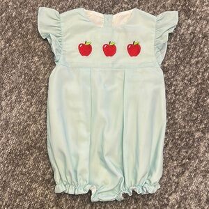 NWOT The Smocking Place Light Blue bubble Romper with Apple Embroidery 12mo